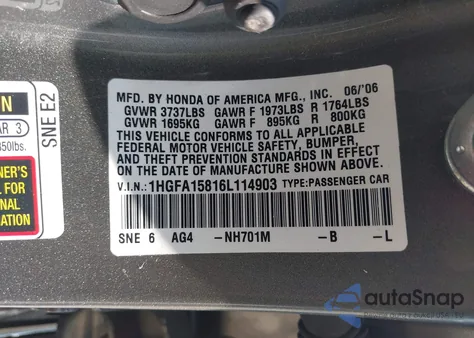 2006 Honda Civic Ex z USA, uszkodzony, nr VIN 1HGFA15816L114903